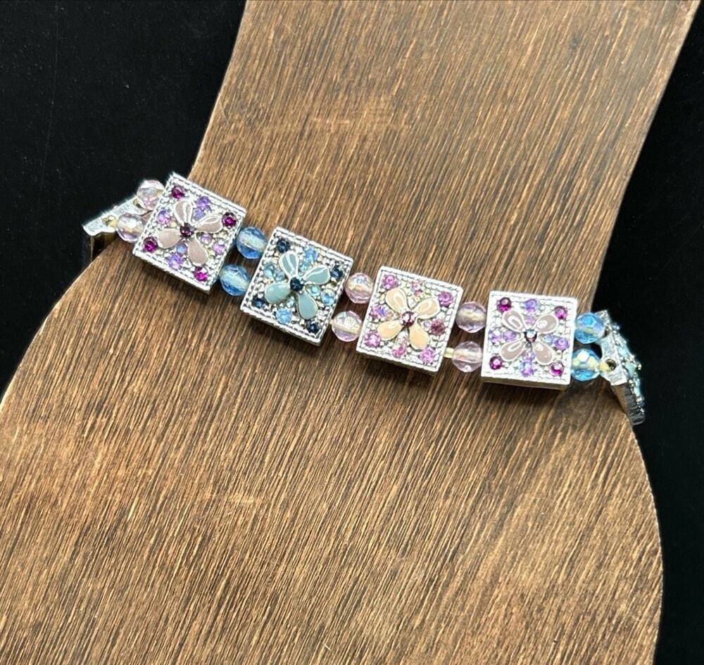 Silver Tone Pastel Enamel Flower Bracelet Slide Stretch Bangle Size 7